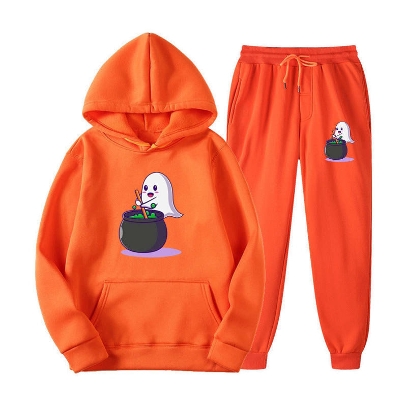 Unisex nan kuscheliger Kapuzenpullover und Jogginghose Set mit Halloween-Geistprint EB
