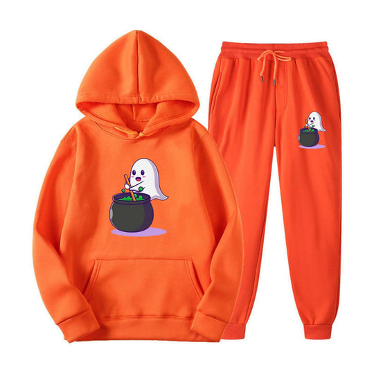 Unisex nan kuscheliger Kapuzenpullover und Jogginghose Set mit Halloween-Geistprint EB