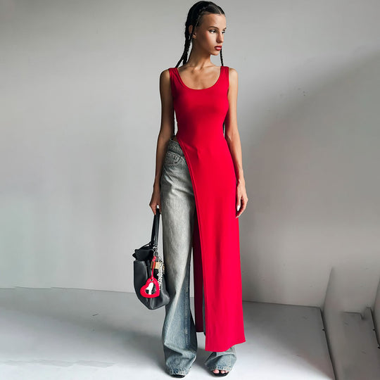 Damen Maxikleid mit asymmetrischem Schnitt und fließendem Stoff EB