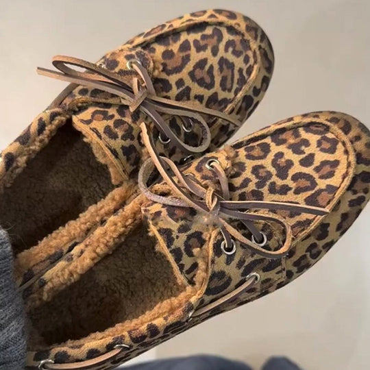 Damen Mokassins mit tierischem Muster und luxuriösem Fellfutter EB