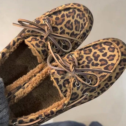 Damen Mokassins mit tierischem Muster und luxuriösem Fellfutter EB