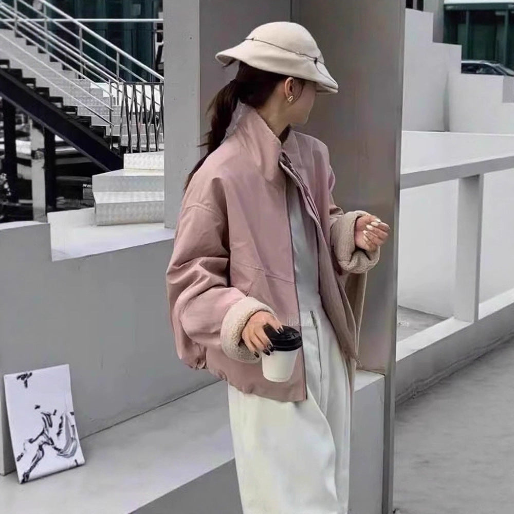 Damen Kurze Oversize Bomberjacke mit Teddyfutter an Bündchen und Stehkragen EB