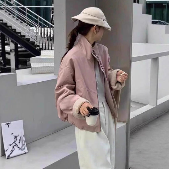 Damen Kurze Oversize Bomberjacke mit Teddyfutter an Bündchen und Stehkragen EB