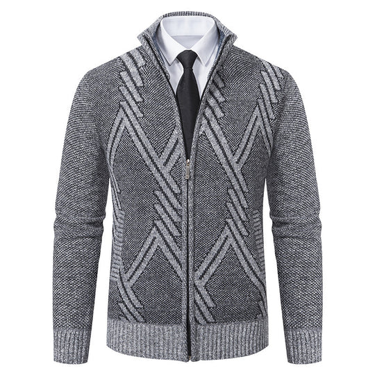 Herren elegante Strickjacke mit strukturiertem Zopfmuster und hochschließendem Kragen EB