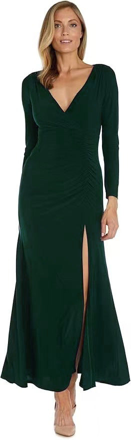 Damen elegantes Maxikleid mit hohem Schlitz und raffiniertem V-Ausschnitt EB