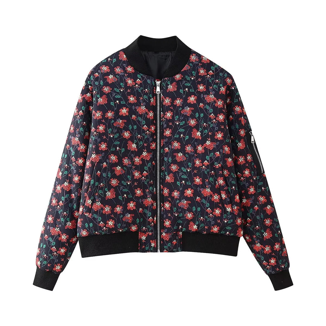 Damen stylische Bomberjacke mit floralen Mustern und elastischen Bündchen EB