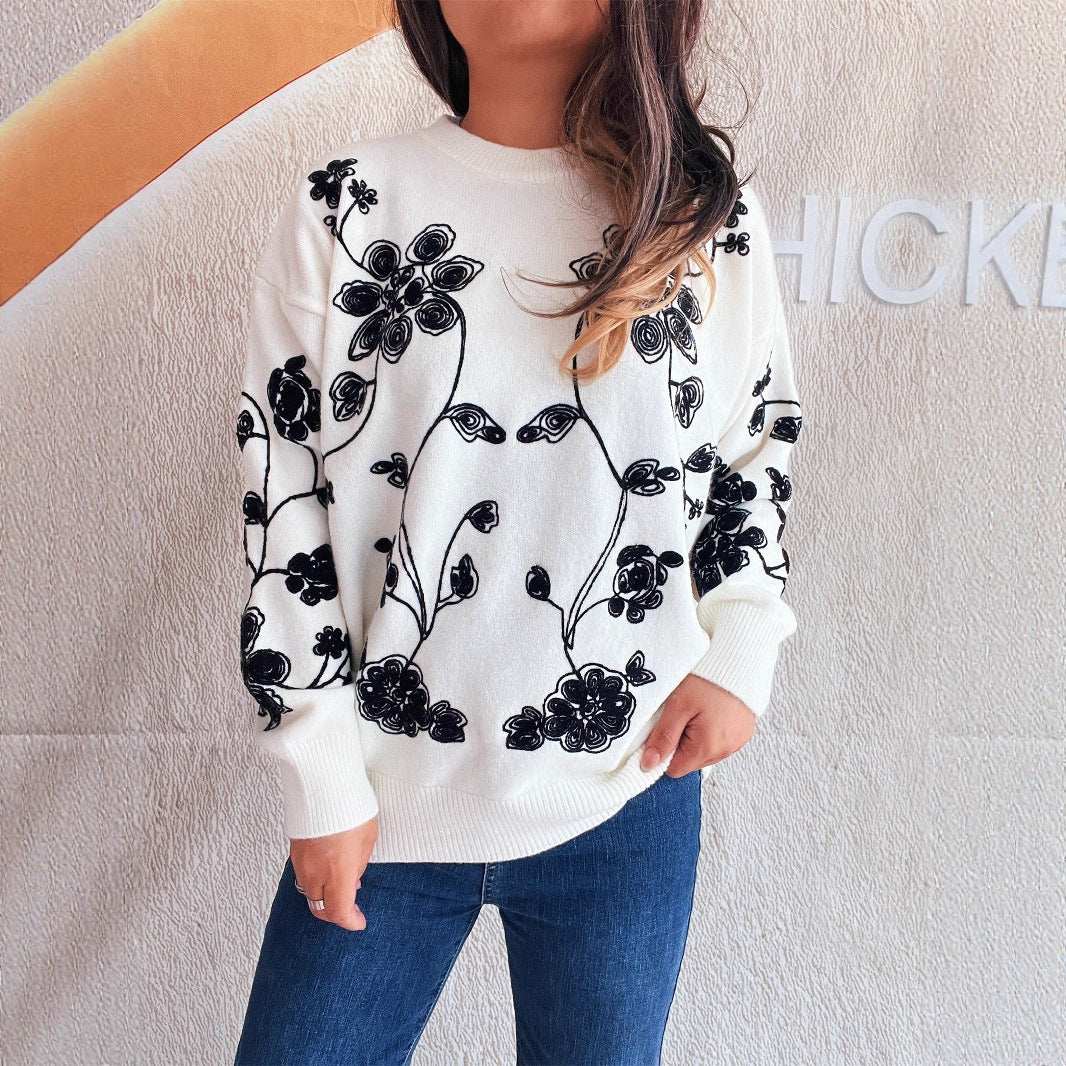 Damen lässiger Pullover mit floralem Stickdesign und modernem Schnitt EB
