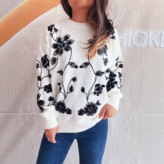 Damen lässiger Pullover mit floralem Stickdesign und modernem Schnitt EB