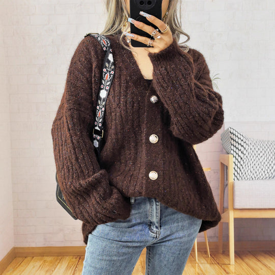 Damen Grobstrickjacke mit modischen Knöpfen und lässigem Schnitt EB