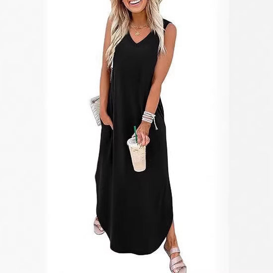 Damen Maxi-Kleid mit modernem V-Ausschnitt und praktischem Taschendesign EB