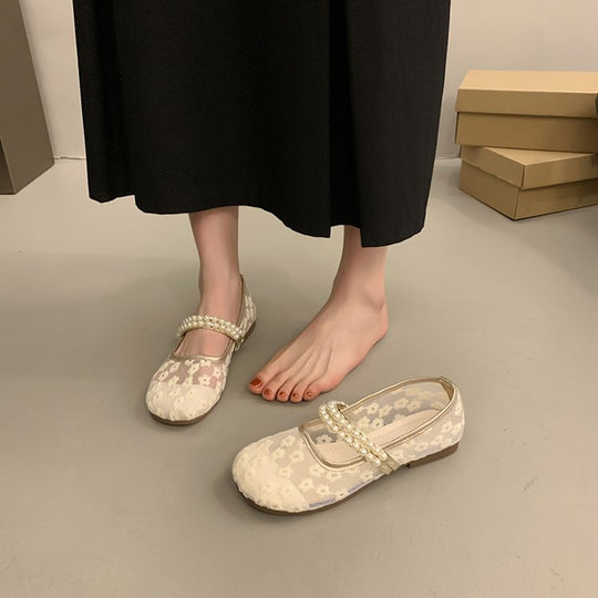 Damen elegante Ballerinas mit dekorativer Perlenapplikation und modischem Riemchen EB