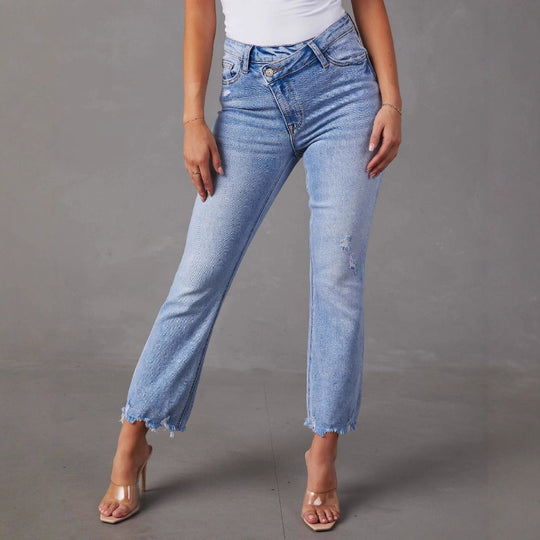 Damen Flared Jeans mit fransigen Säumen und modischem Distressed-Effekt EB