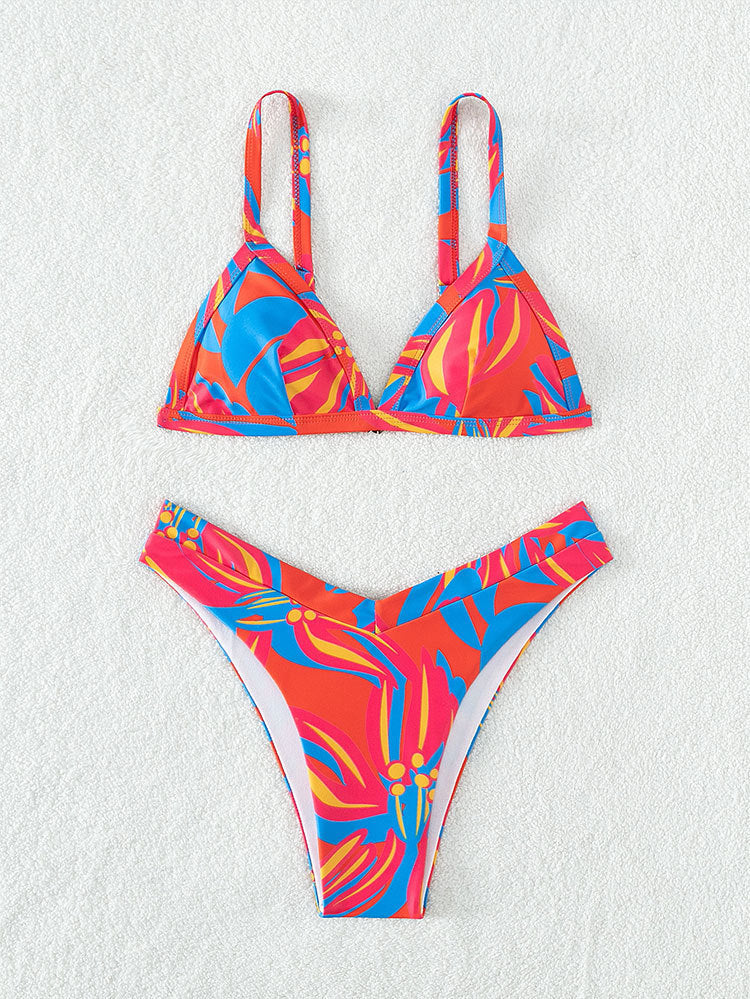 Damen Triangel-Bikini mit floralem Muster und hochgeschnittenen Höschen EB
