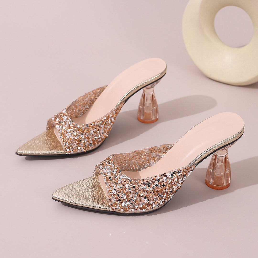 Damen Glamouröse und funkelnde High Heels mit transparentem Blockabsatz EB