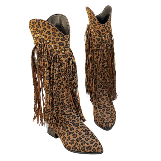 Damen Fransen-Stiefel mit modischen Nieten und komfortablem Blockabsatz EB