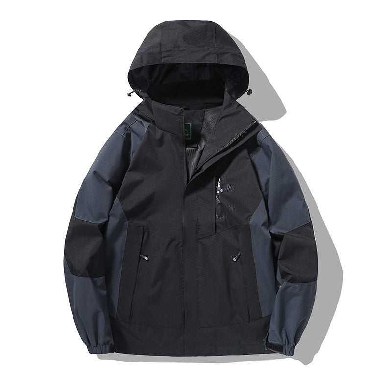 Herren wind- und wasserabweisende Outdoor-Hoodiejacke mit Belüftungsnetz, verstellbarer Kapuze und verdeckter Frontblende EB