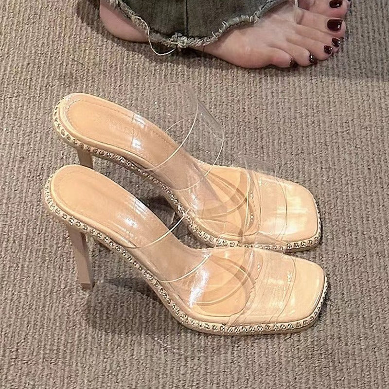 Damen elegante transparente Mules mit glitzerndem Riemen EB