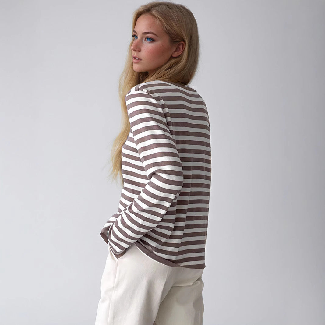 Damen gestreifter Langarmpullover mit Rundhalsausschnitt und lässigem Schnitt EB