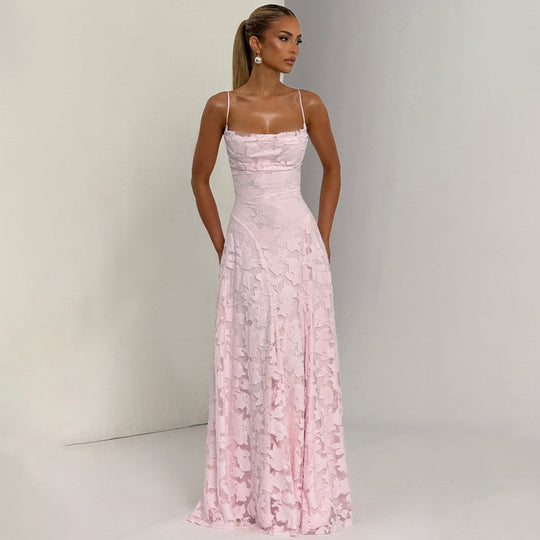 Damen Maxikleid mit floralem Spitzenmuster und schwingendem Rock EB