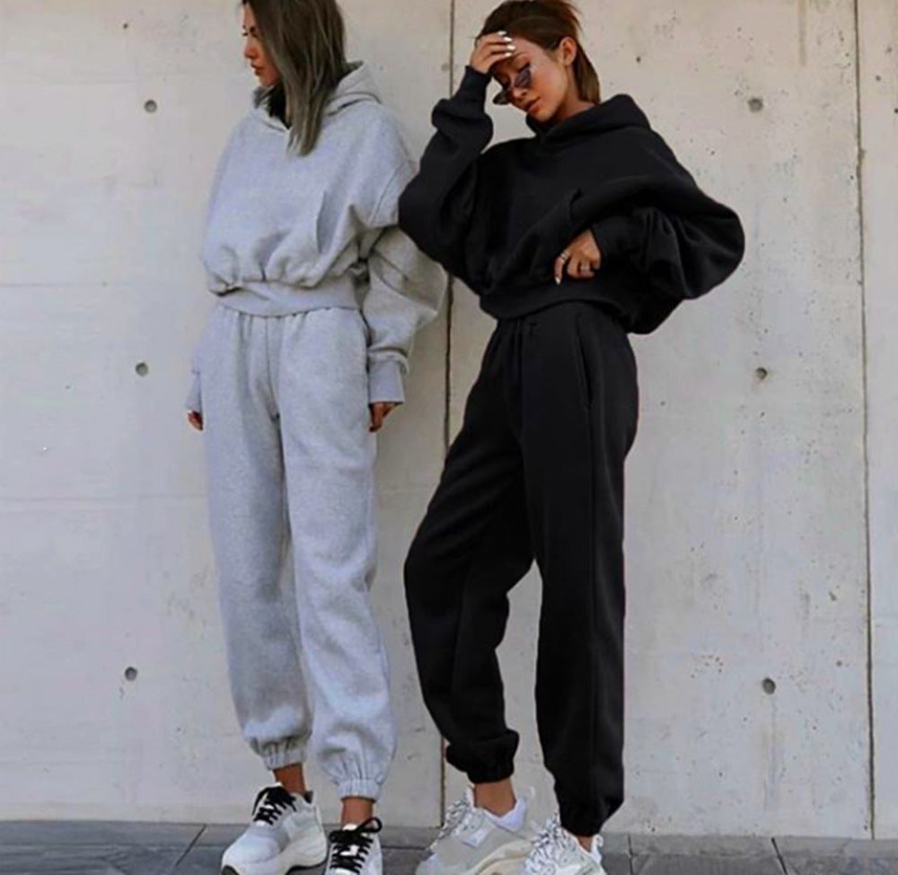 Damen kurzes Oversize-Kapuzenpullover-Set mit elastischer High-Waist-Jogginghose aus Baumwollfleece EB