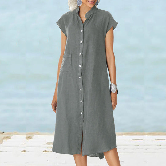Damen lässiges Knopf-Blusenkleid aus leichtem Stoff mit Taschen EB