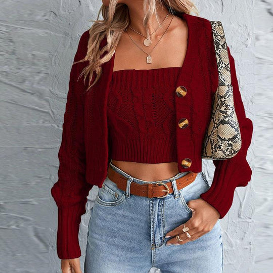 Damen gestricktes Set mit Cardigan und Crop-Top EB
