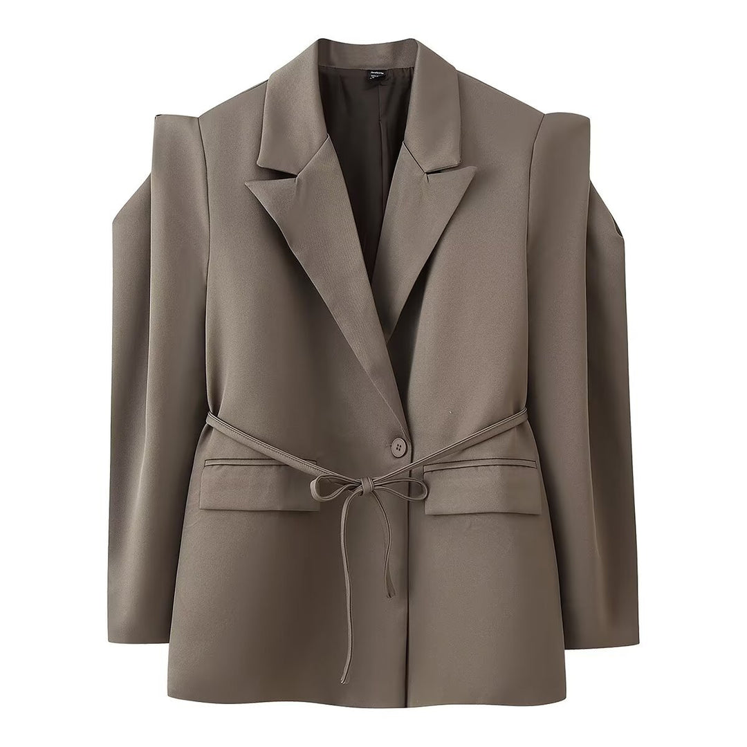 Damen nan taillierter Blazer mit Bindegürtel, Reverskragen und Schulterpolstern EB
