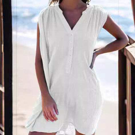Damen lässiges Strandkleid mit Knopfdetails EB