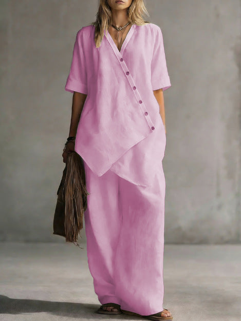 Damen Leinen-Zweiteiler mit asymmetrischer Knopfleiste und weiter Palazzo-Hose EB
