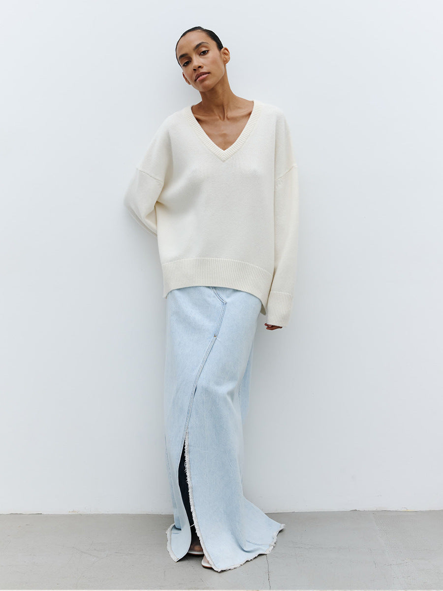 Damen Oversized V-Ausschnitt Strickpullover EB