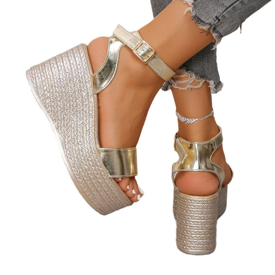 Damen Hochhackige Plateau-Sandalen mit verstellbarem Riemen und glanzvollem Finish EB