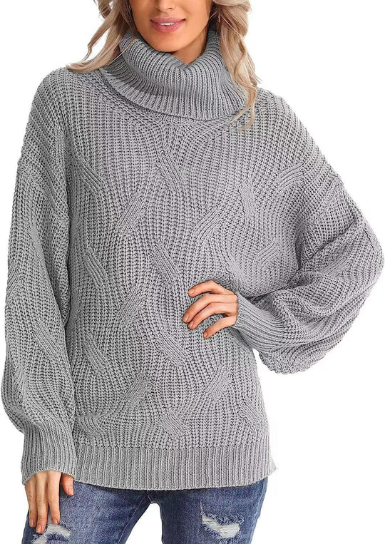 Damen Weicher Strickpullover mit hohem Kragen und Kabelmuster EB