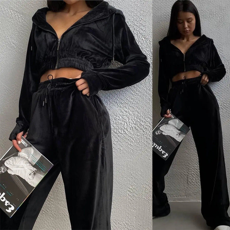 Damen Samt-Loungewear-Set mit Cropped Zip-Kapuzenjacke und weiter Palazzohose EB