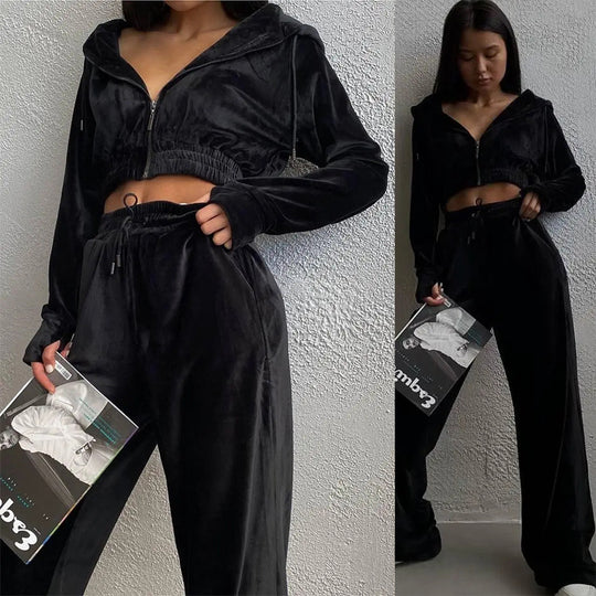 Damen Samt-Loungewear-Set mit Cropped Zip-Kapuzenjacke und weiter Palazzohose EB