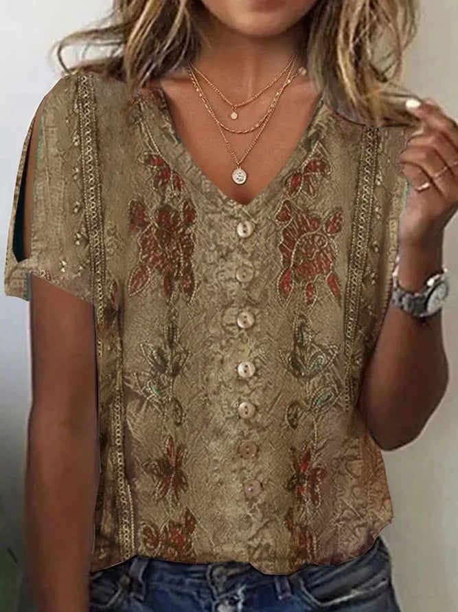 Damen V-Ausschnitt Bluse mit floralen Details und Knopfverschluss EB