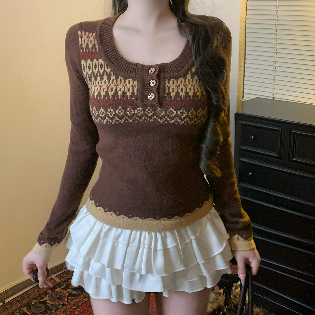 Damen nan kurzes Feinstrick V‑Pullover mit floralem Intarsienmotiv und ausgestellten Trompetenärmeln EB