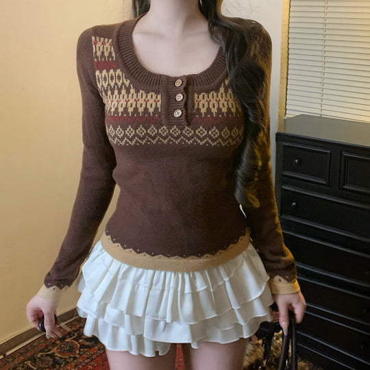 Damen nan kurzes Feinstrick V‑Pullover mit floralem Intarsienmotiv und ausgestellten Trompetenärmeln EB