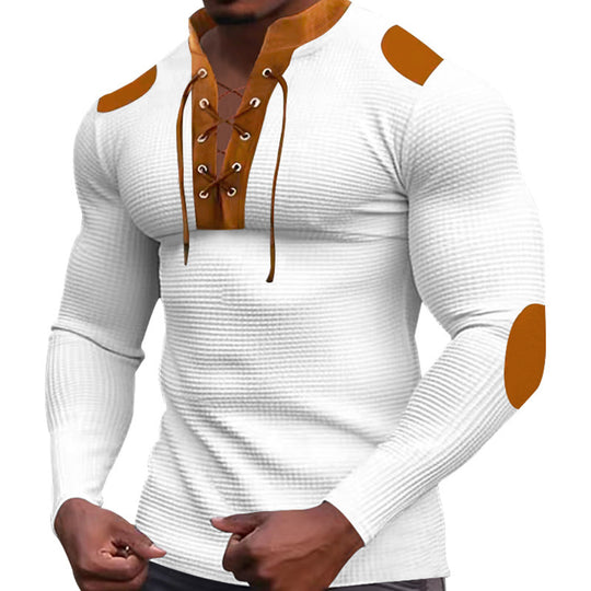 Herren Langarm-Henley-Shirt mit strukturiertem Gewebe und modischem Schnürdesign EB