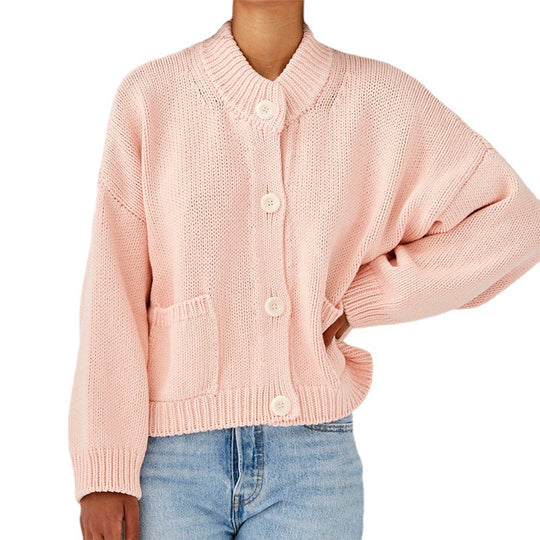 Damen Oversize Strickjacke mit Stehkragen und großen Knöpfen EB