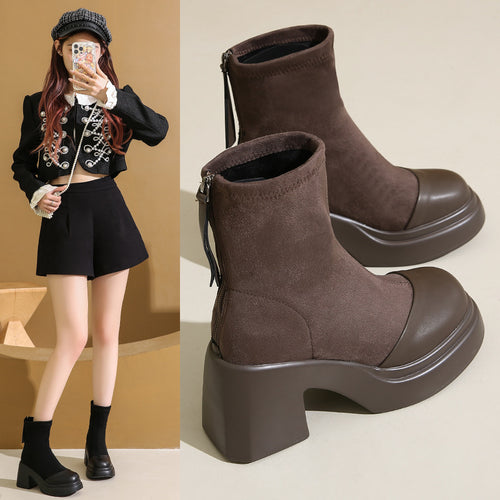 Damen trendige Ankle Boots mit robustem Blockabsatz und elastischer Schafthöhe EB