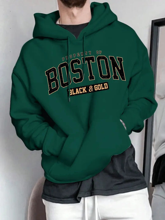Herren Kapuzensweater mit auffälligem Boston-Print und weicher Innenseite EB