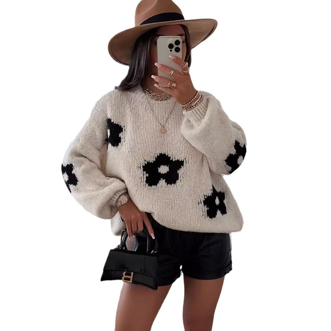 Damen Grobstrickpullover mit folkloristischen Blumenmustern und lässigem Schnitt EB