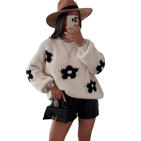 Damen Grobstrickpullover mit folkloristischen Blumenmustern und lässigem Schnitt EB