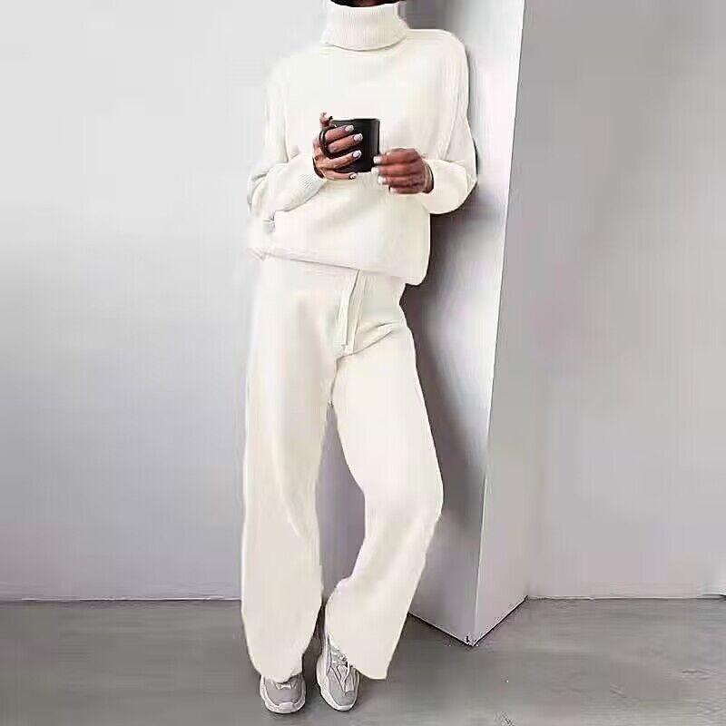 Damen elegantes Strick-Loungewear-Set mit hohem Kragen und weitem Bein EB