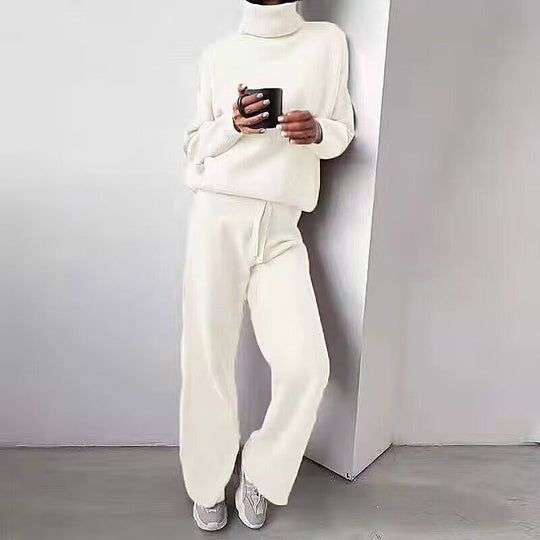 Damen elegantes Strick-Loungewear-Set mit hohem Kragen und weitem Bein EB