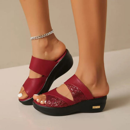 Damen glamouröse Wedge-Pantoletten mit Glitzerakzenten EB