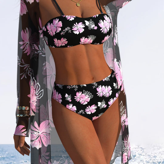 Damen Bikini-Set mit floralem Design und transparenter Strandjacke EB