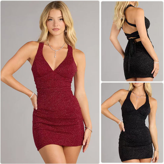 Damen Funktionskleid mit zartem Glitzereffekt und schickem V-Ausschnitt EB