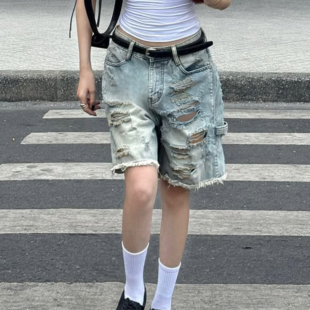 Damen Destroyed Denim-Shorts mit hohem Bund und ausgefransten Säumen EB