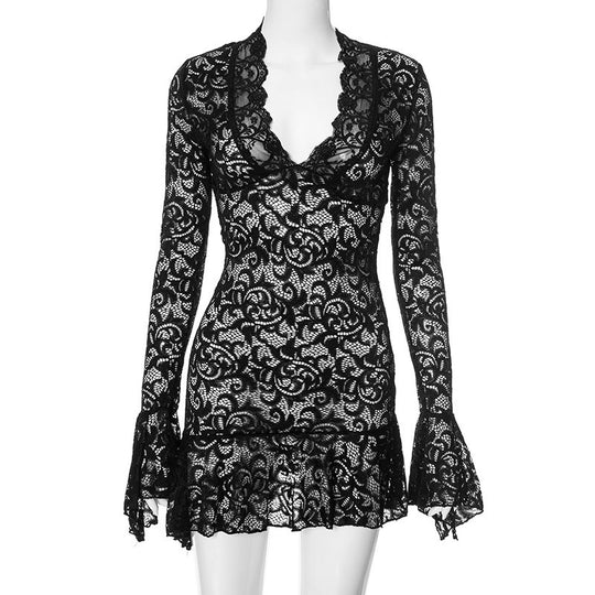 Damen Spitzenkleid mit raffinierten Ärmeln und elegantem V-Ausschnitt EB
